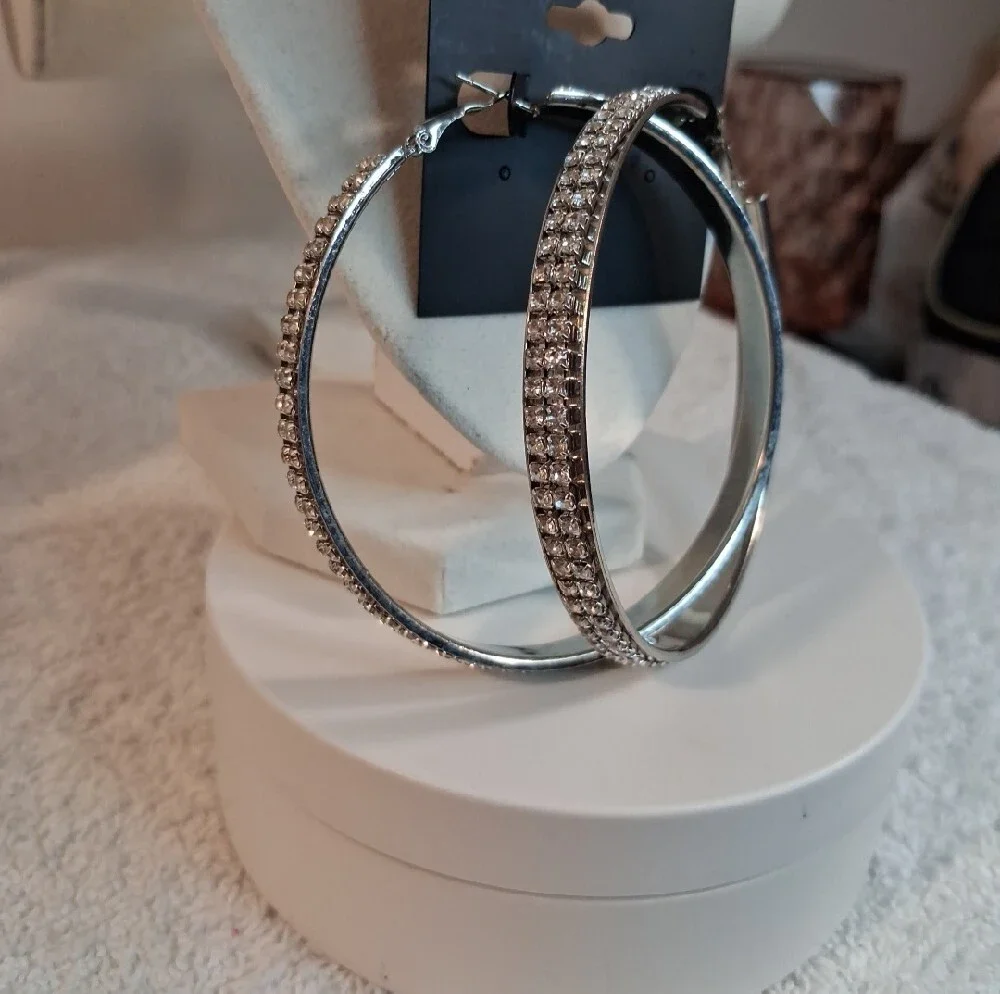 Large Rhinestone Hoop Earrings - Silver Sparkle